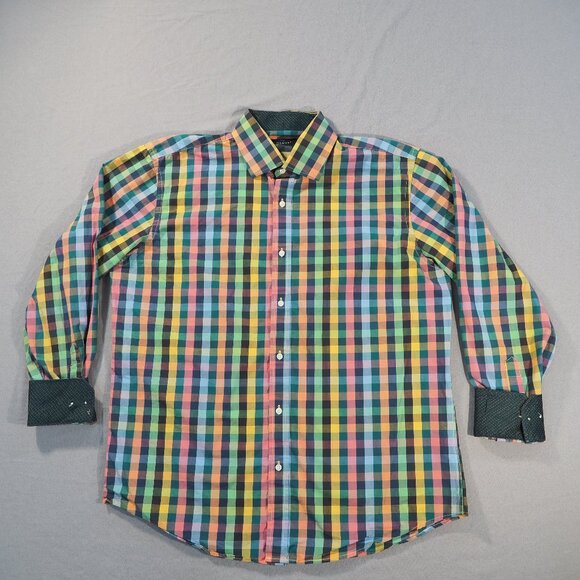 Ziggurat Shirt Mens Extra Large Green Blue Graph Check Flip Cuff Rainbow Maximal - Picture 1 of 10